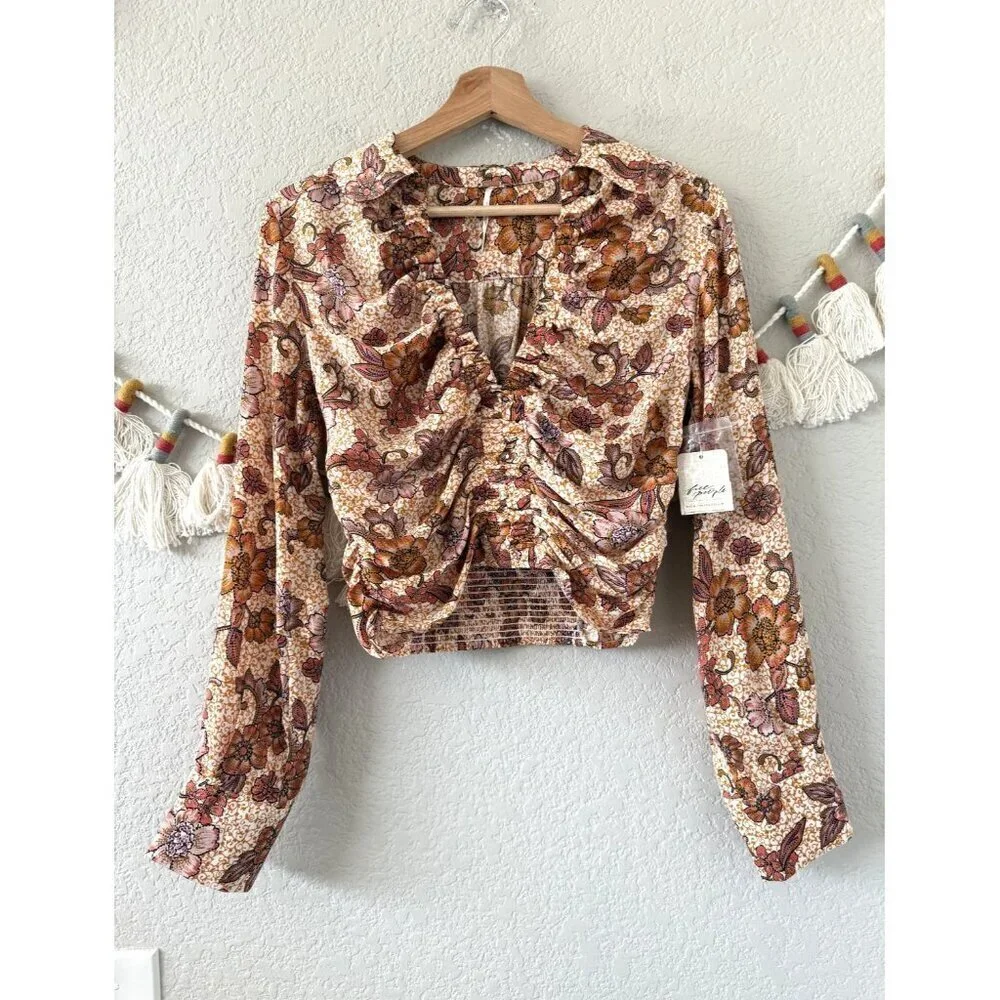 Free People I Got You Printed Top Orange Floral Ruched Boho Fall Coquette NWT XS